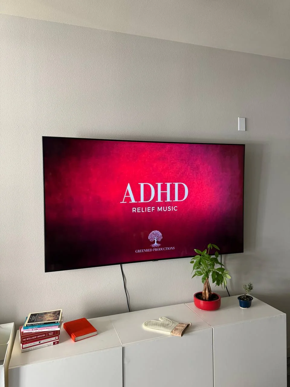 75 inch TV mounted on drywall living room wall in Los Angeles apartment using customer-supplied mount